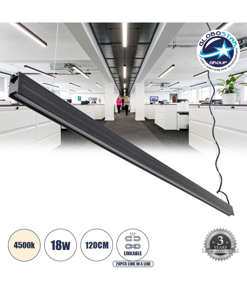 GloboStar® OFFICE 61024-P Γραμμικό Κρεμαστό Φωτιστικό Linear LED 18W 2200lm 120° AC 220-240V Μ120 x Π2 x Υ4cm Φυσικό Λευκό 4500K - Μαύρο - 3 Years Warranty